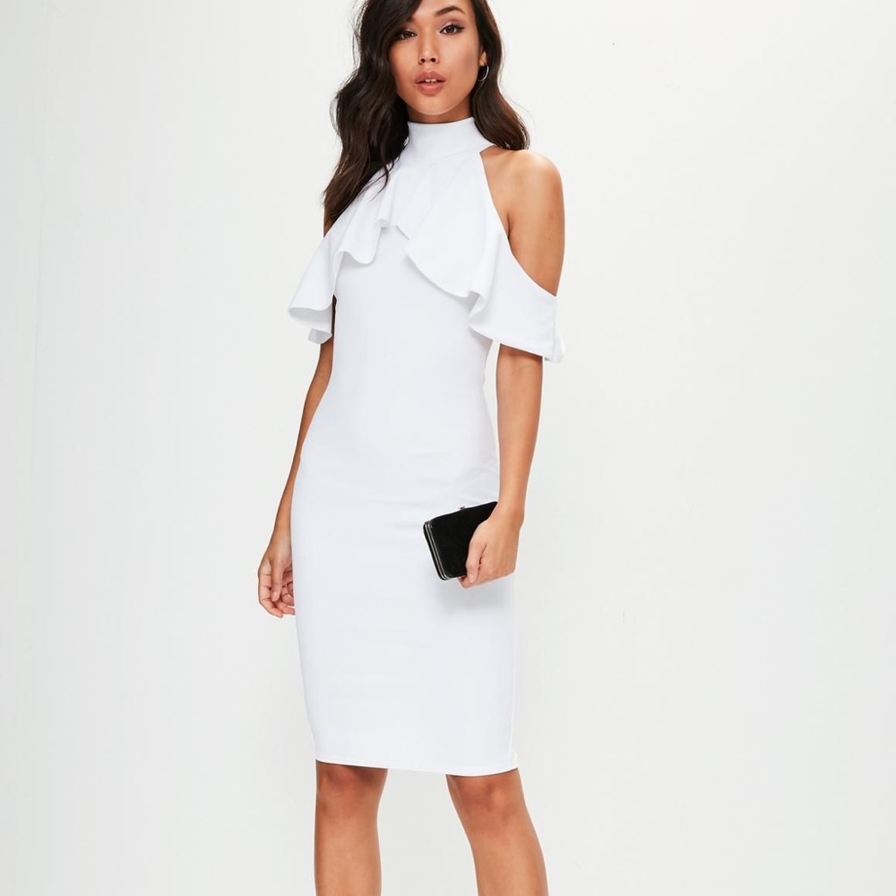 Missguided White frill cold shoulder bodycon dress